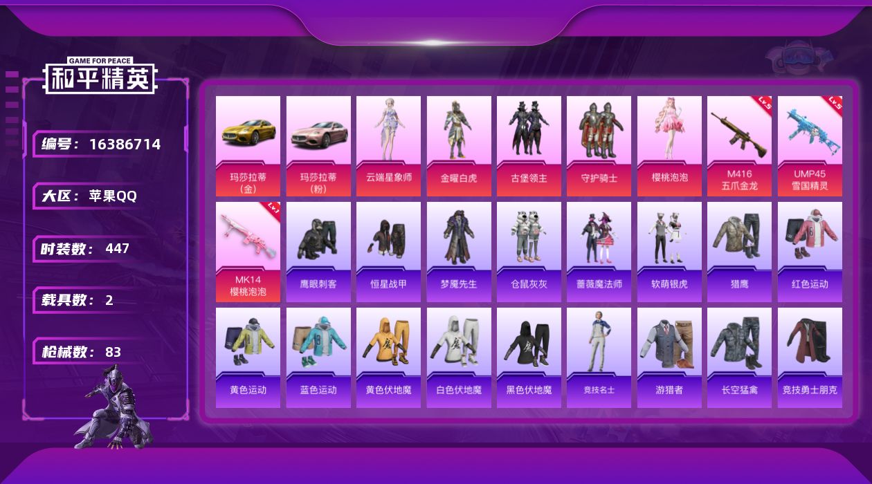 和平精英账号苹果QQ5粉装 4特效枪 2载具 2印记 可二次 可修改实名 
【热门装扮】樱桃泡泡,云端星象师,守护骑士,