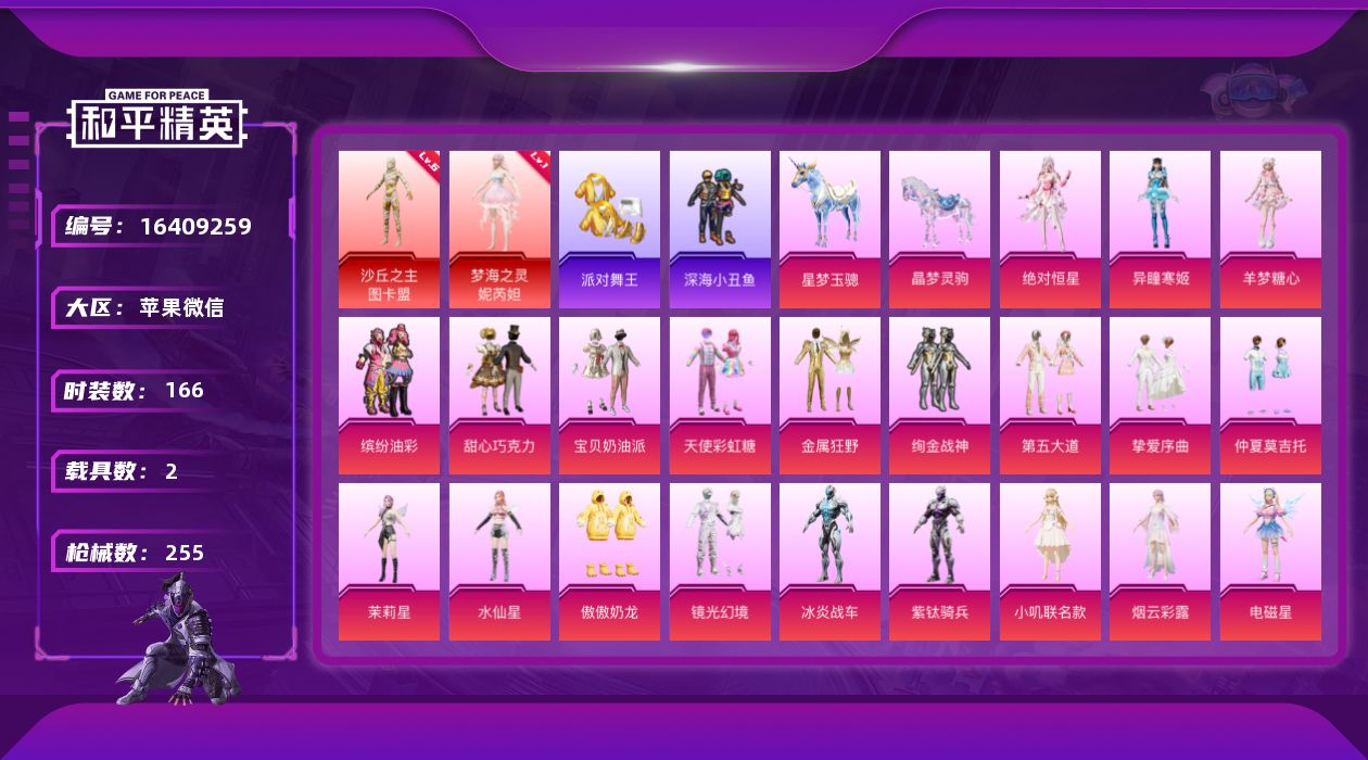 和平精英账号苹果微信[16409259]3套6级红装可随意切换【特价出售/店主推荐】苹果 微信-无敌战神框-3神装-27粉装-31特效枪-2载具-12粉色飞行器-119467热力值-13王牌印记-166套装-255枪皮
