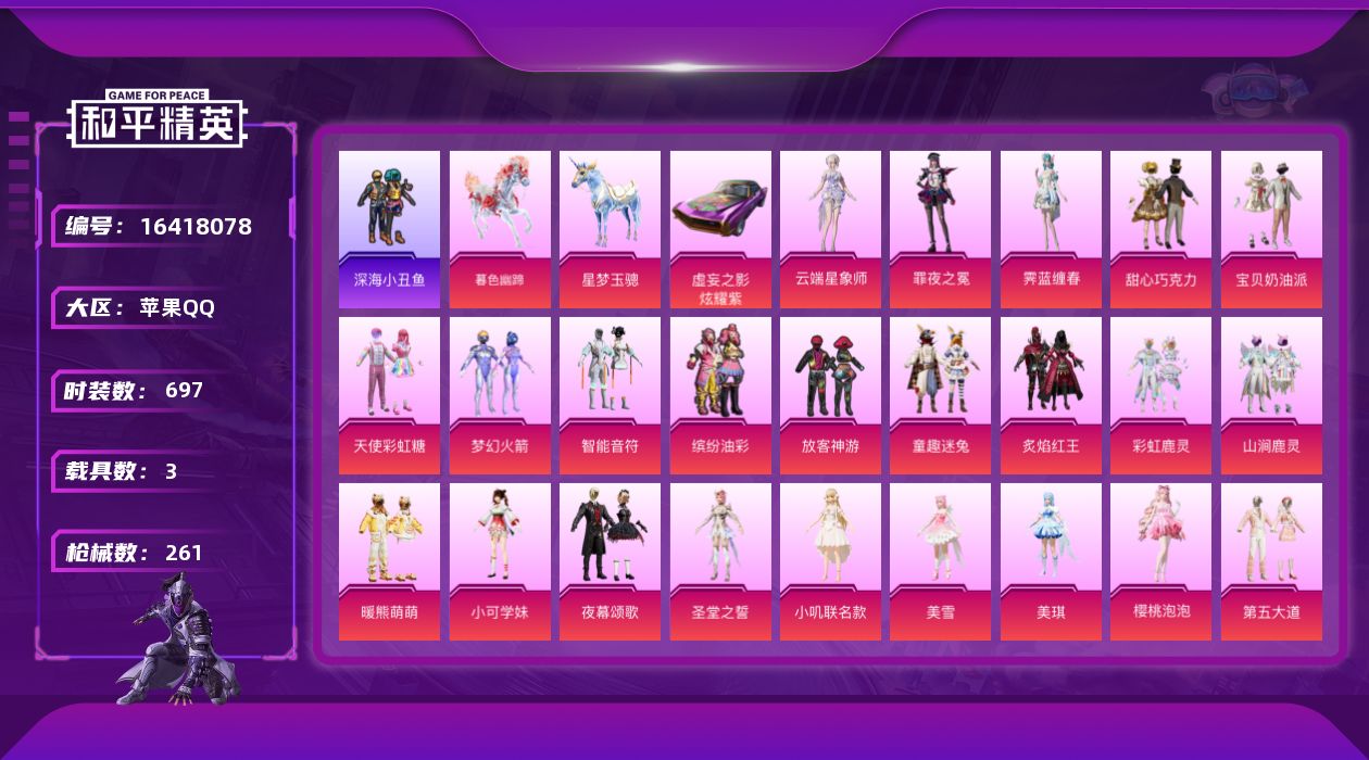 和平精英账号苹果QQ23粉装 10特效枪 3载具 16印记 可二次 
【热门装扮】樱桃泡泡,霁蓝缠春,罪夜之冕,云端星象