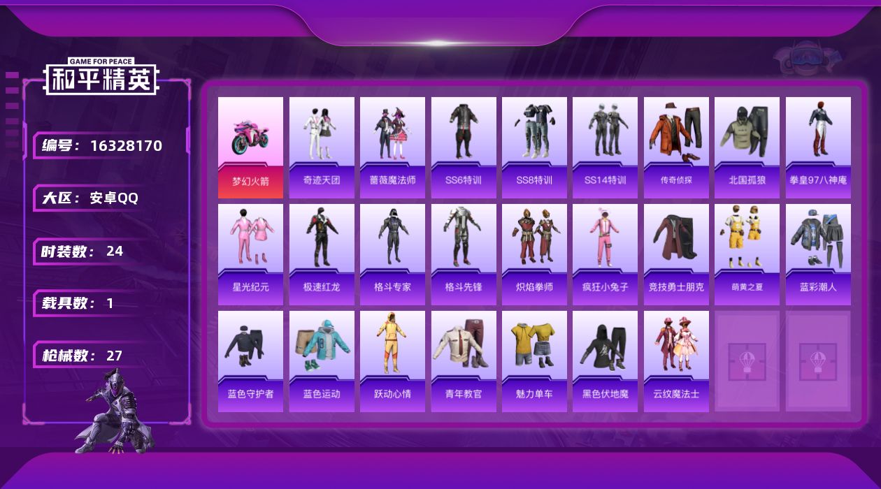 和平精英账号安卓QQ[16328170]【特价出售/店主推荐】安卓 手Q-0粉装-0特效枪-1载具-1粉色飞行器-9551热力值-0王牌印记-24套装-27枪皮
【粉色载具】：双人摩托-梦幻火箭
【粉色飞行器】：梦幻火箭