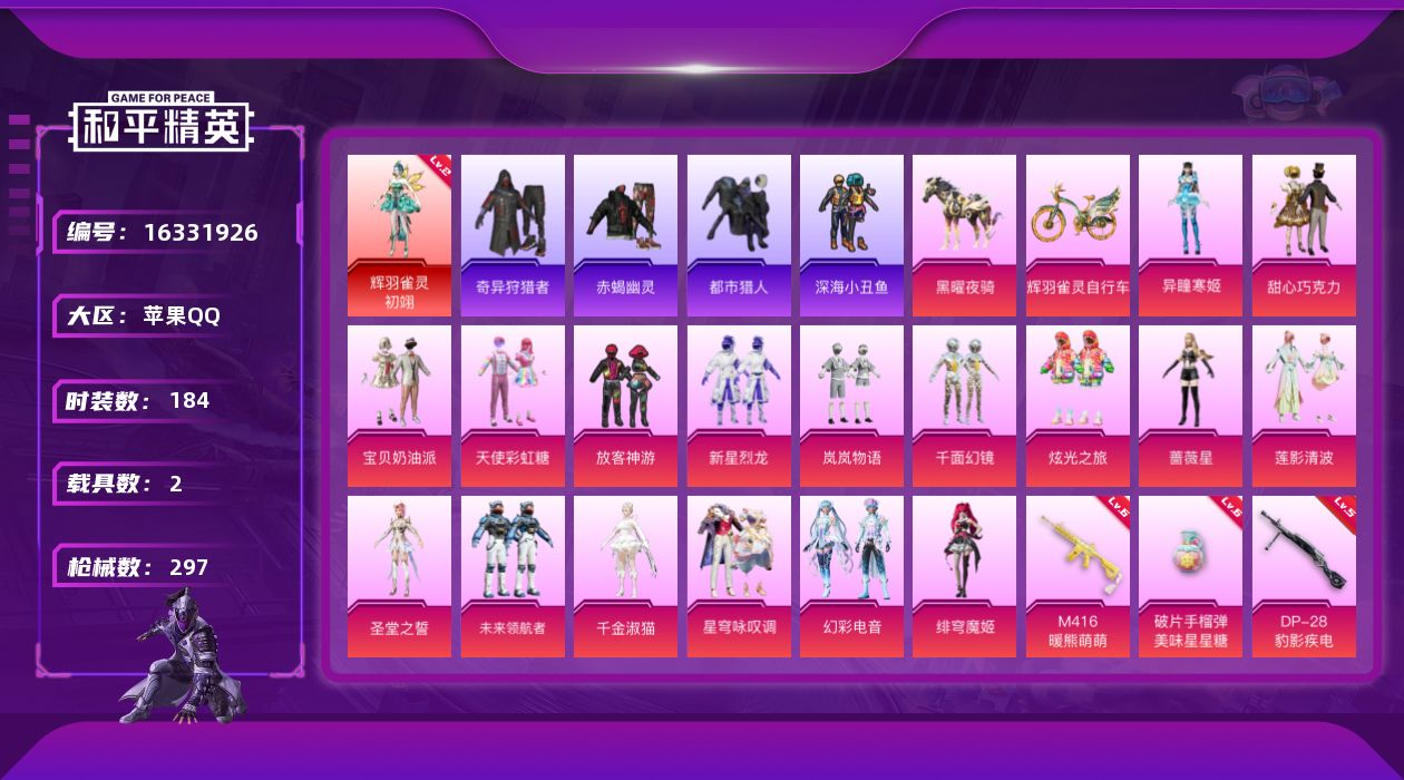 和平精英账号苹果QQ[16331926]【特价出售/店主推荐】 苹果 手Q-1神装-18粉装-21特效枪-2载具-9粉色飞行器-100267热力值-10王牌印记-184套装-297枪皮【红色神装等级】：辉羽雀灵-初翊(二