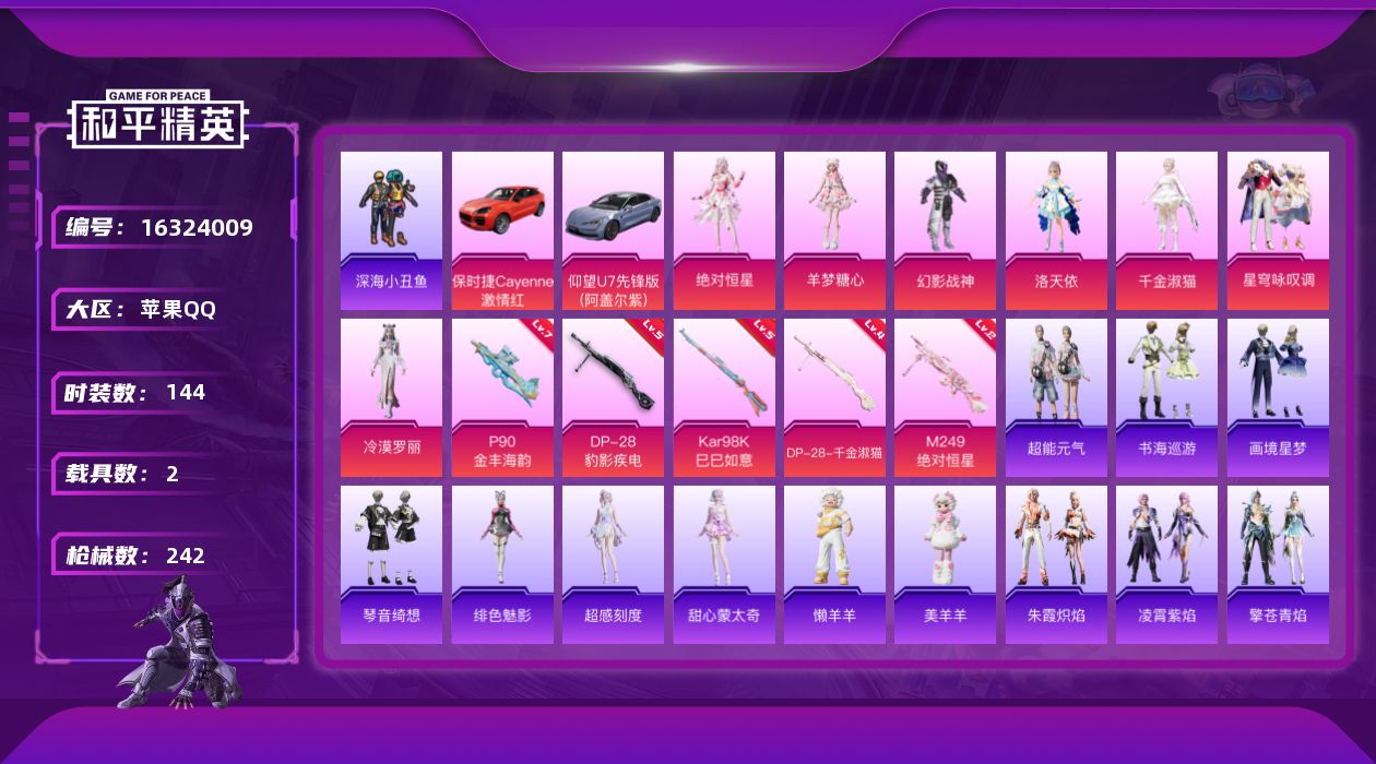 和平精英账号苹果QQ[16324009]DAS8688包人脸 苹果Q-2稀有2载具7粉装6特效枪9热门144套装242枪皮 72739热力值 12印记 历史卓越王牌20星  巡查衣  洛天依  P90-金丰海韵 (7级)