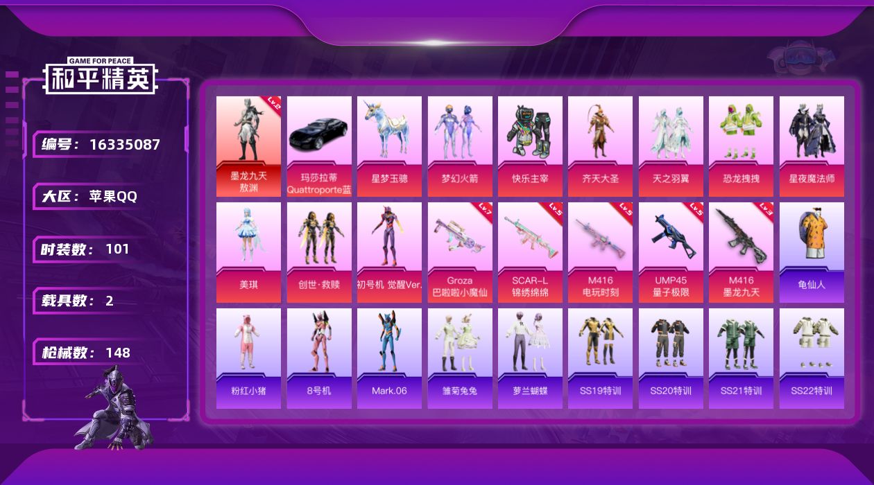 和平精英账号苹果QQ[16335087]【特价出售/店主推荐】苹果 手Q-1神装-9粉装-5特效枪-2载具-4粉色飞行器-5w热力值-7王牌印记-101套装-148枪皮
【红色神装等级】：墨龙九天-敖渊(二级)
【红色角