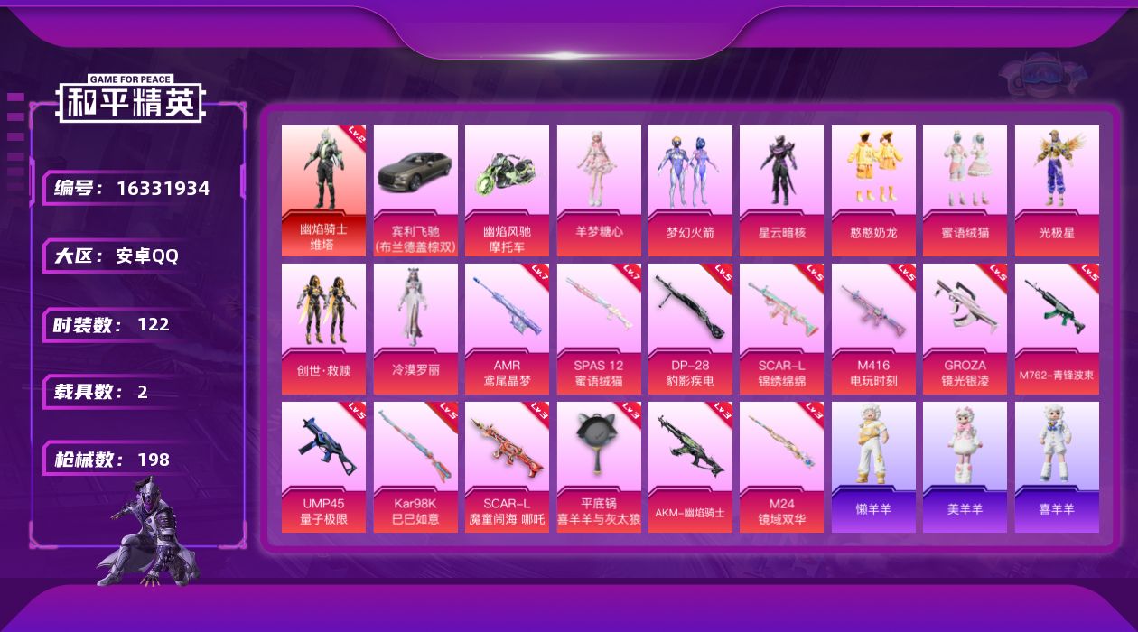 和平精英账号安卓QQ[16331934]【特价出售/店主推荐】安卓 手Q-1神装-8粉装-13特效枪-2载具-7粉色飞行器-6.8w热力值-9王牌印记-122套装-198枪皮【红色神装等级】：幽焰骑士-维塔(二级)【红色
