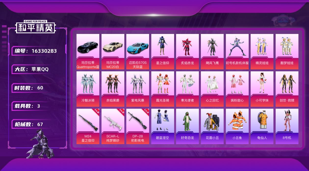 和平精英账号苹果QQ[16330283]苹果 手Q-16粉装-3特效枪-3载具-6粉色飞行器-32161热力值-2王牌印记-60套装-67枪皮
【热门品类】：套装-小丑鱼，套装-龟仙人，角色-8号机，角色-Mark.06