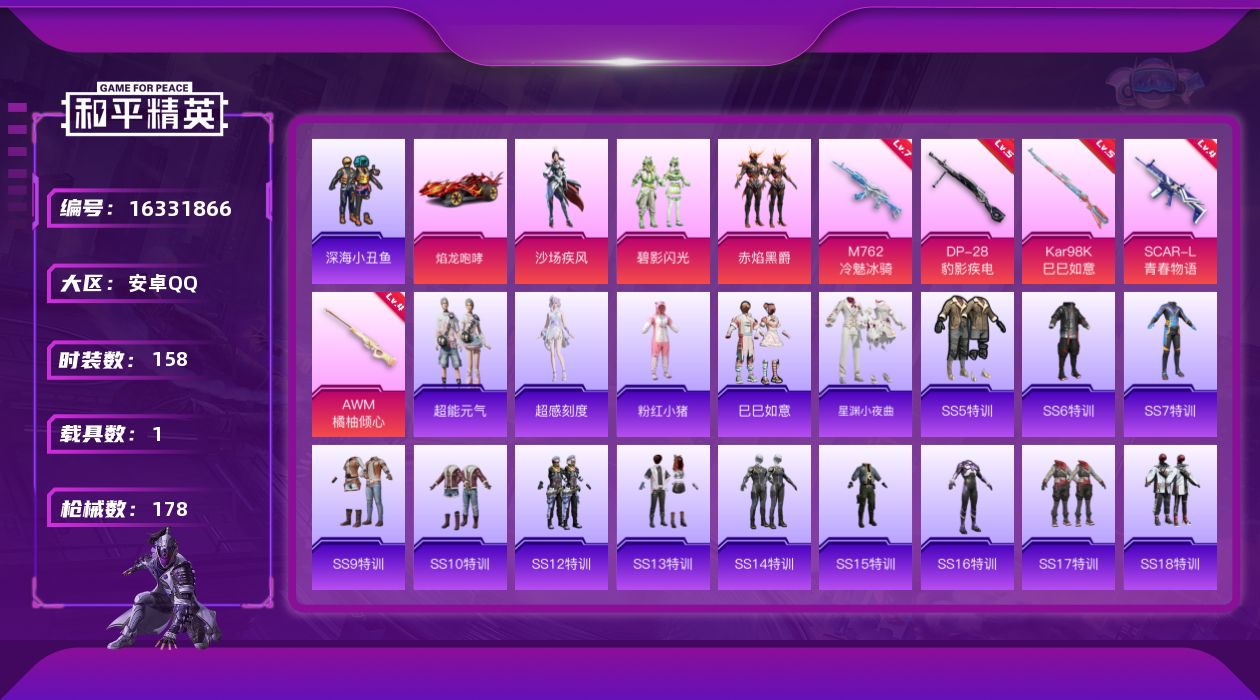 和平精英账号安卓QQ[16331866]【特价出售/店主推荐】安卓 手Q-3粉装-5特效枪-1载具-2粉色飞行器-55710热力值-11王牌印记-158套装-178枪皮
【热门品类】：套装-深海小丑鱼，套装-粉红小猪
【