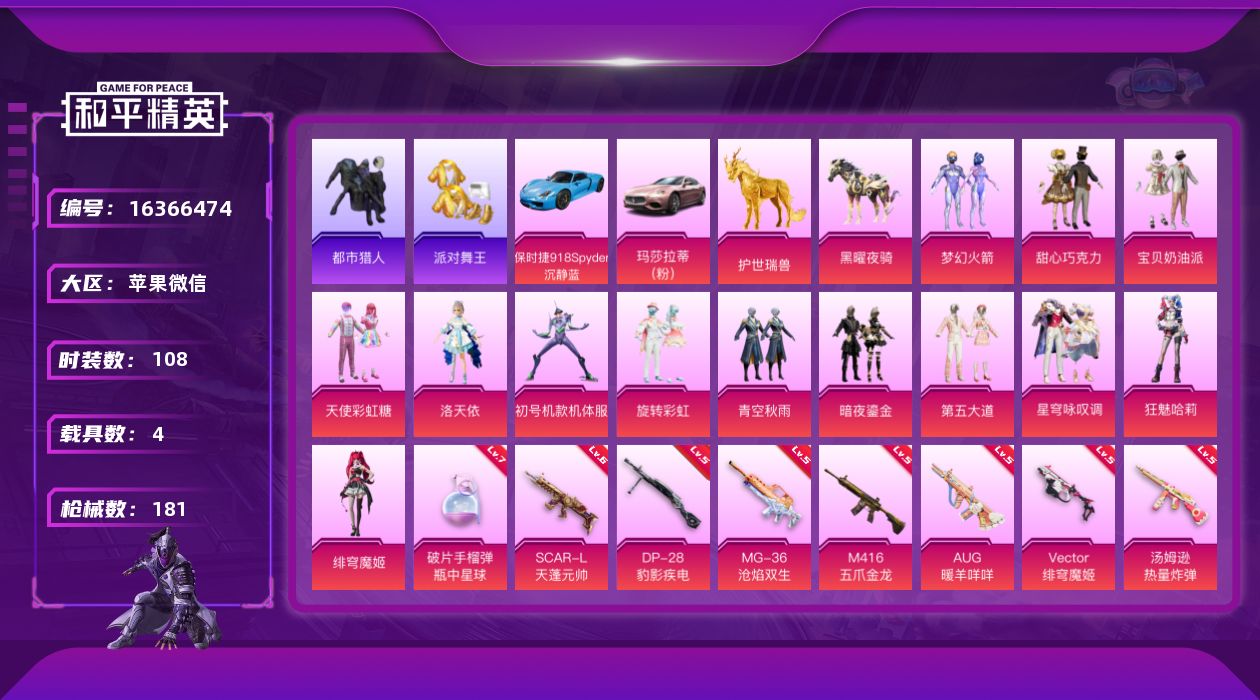 和平精英账号苹果微信"DF220 所有场景社交限制 可二次 苹果V-4稀有4载具13粉装17特效枪5热门108套装181