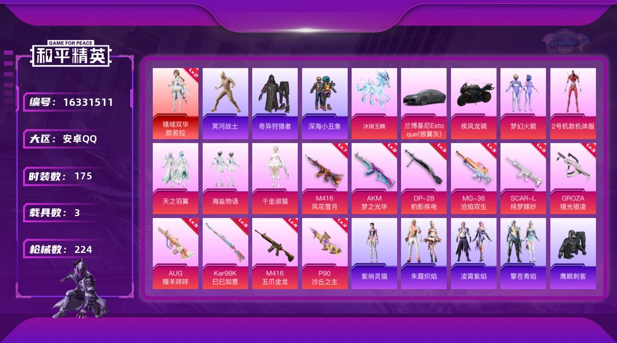 和平精英账号安卓QQ[16331511]安卓 手Q-1神装-5粉装-10特效枪-3载具-10粉色飞行器-80292热力值-11王牌印记-175套装-224枪皮
【红色神装等级】：镜域双华-欧若拉(二级)
【红色角色神装】