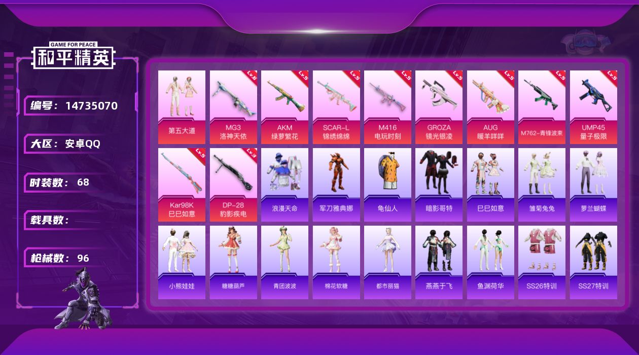 和平精英账号安卓QQ[14735070]安卓 手Q-1粉装-10特效枪-0载具-2粉色飞行器-31342热力值-5王牌印记-68套装-96枪皮
【热门品类】：套装-浪漫天命，角色-军刀雅典娜，套装-龟仙人，套装-暗影哥特