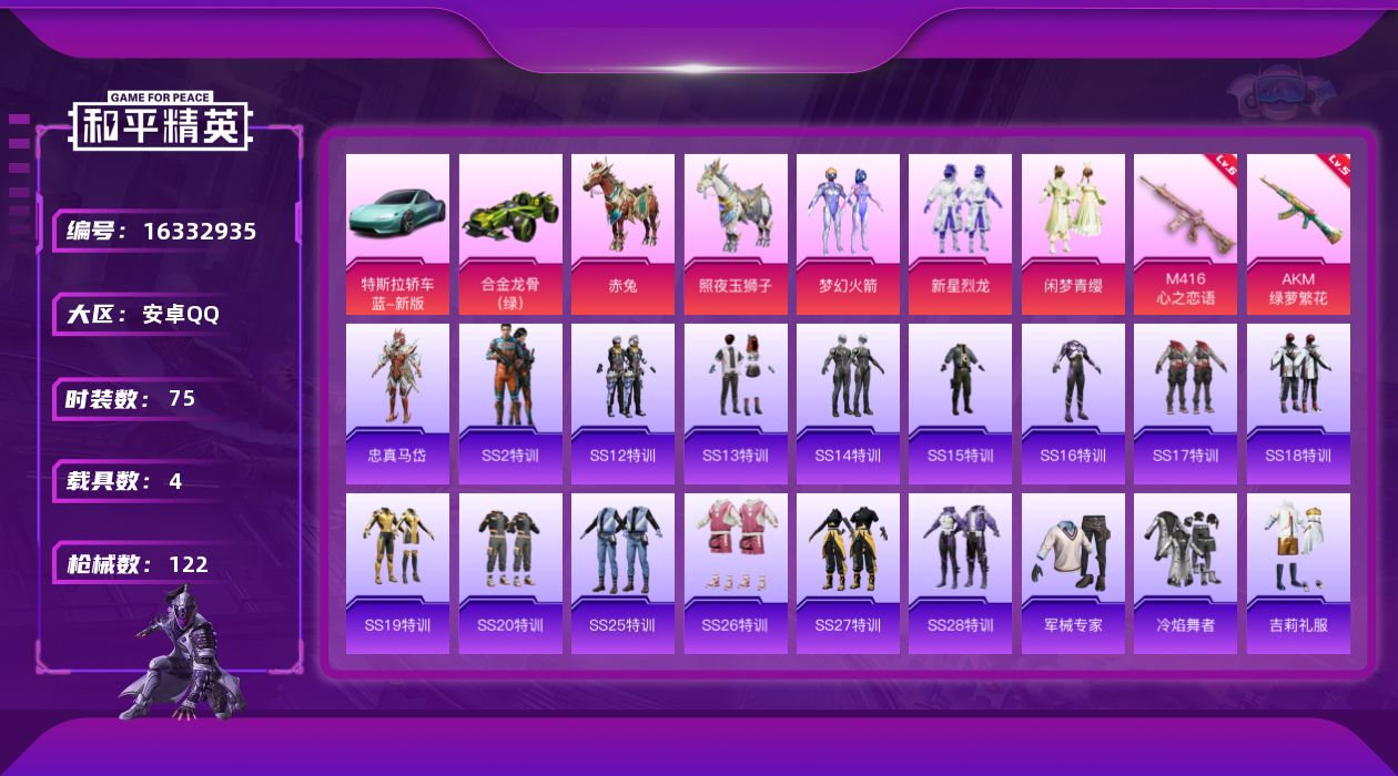 和平精英账号安卓QQ[16332935]【店主推荐捡漏号！可直接换绑】安卓 手Q-3粉装-2特效枪-4载具-0粉色飞行器-37689热力值-3王牌印记-75套装-122枪皮
【热门品类】：粉装-梦幻火箭，角色-忠真马岱，