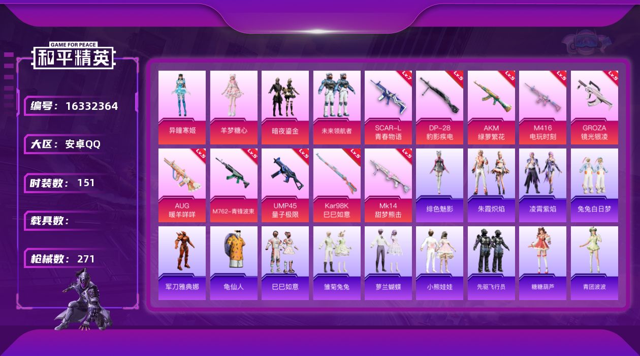 和平精英账号安卓QQ[16332364]【特价出售/店主推荐】安卓 手Q-4粉装-11特效枪-0载具-1粉色飞行器-74089热力值-17王牌印记-151套装-271枪皮
【热门品类】：角色-军刀雅典娜，套装-龟仙人
【