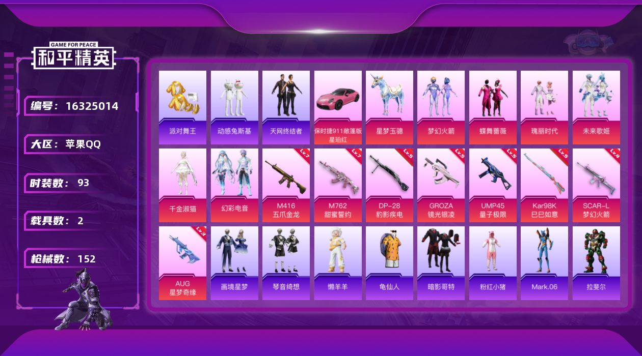 和平精英账号苹果QQ[16325014]DAS8940包人脸 苹果Q-4稀有2载具6粉装9特效枪11热门93套装152枪皮 50231热力值 13印记 历史超级王牌15星  梦幻火箭 天网终结者 派对舞王（金靴子） 暗影