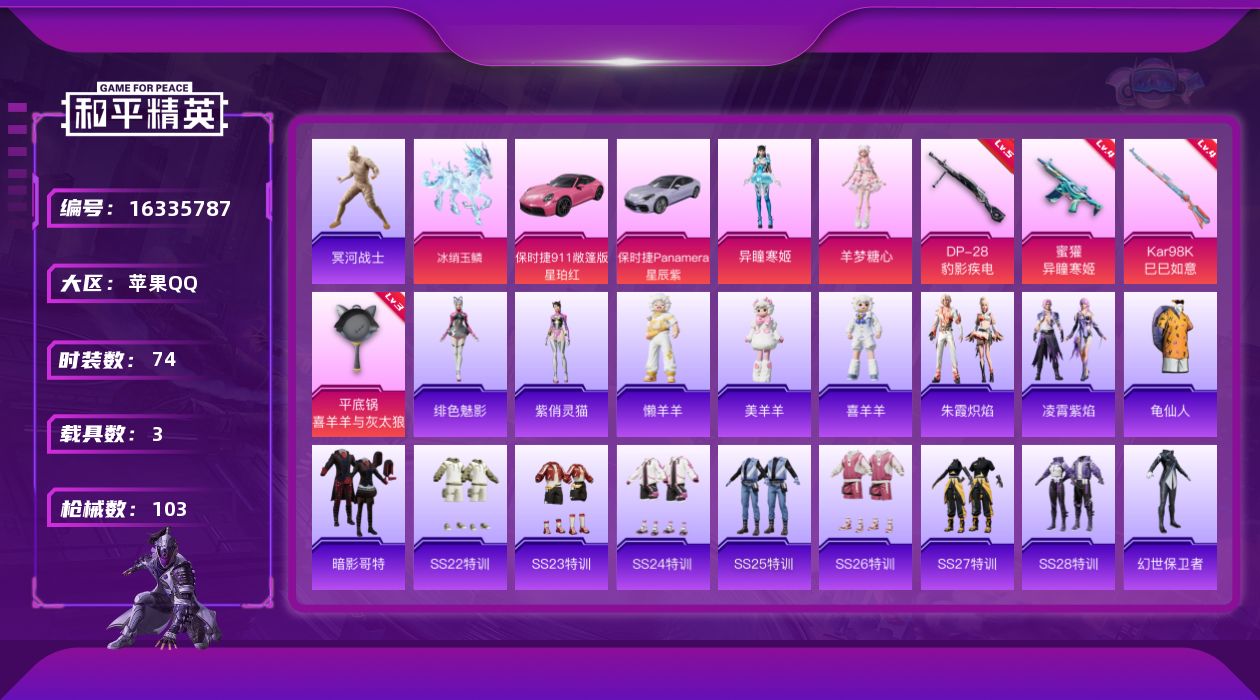 和平精英账号苹果QQ[16335787]【特价出售/店主推荐】苹果 手Q-无敌战神框-2粉装-4特效枪-3载具-2粉色飞行器-32778热力值-8王牌印记-74套装-103枪皮
【热门品类】：套装-冥河战士，套装-龟仙人