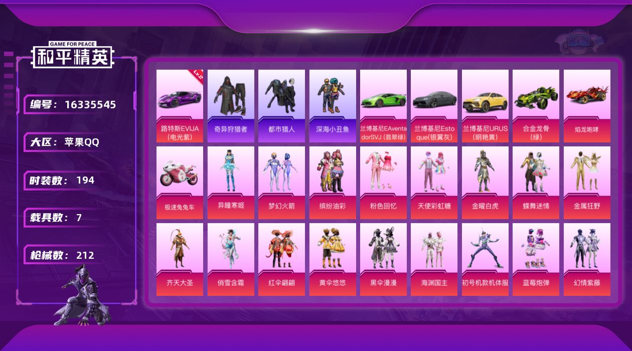 和平精英账号苹果QQ[16335545]【特价出售/店主推荐】 地铁满天赋 苹果 手Q-26粉装-10特效枪-7载具-1僚机 -5粉色飞行器-9.1w热力值-8王牌印记-194套装-212枪皮【红色载具】：路特斯EVIJ