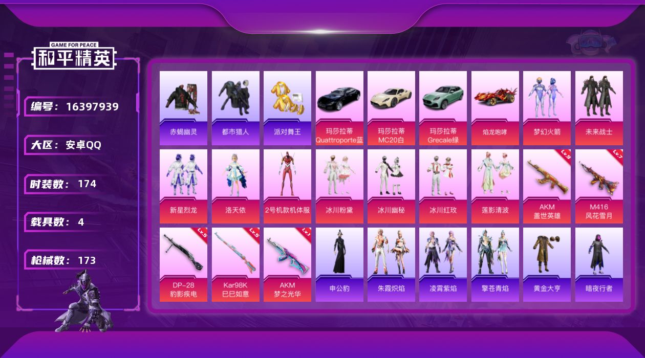 和平精英账号安卓QQ[16397939]安卓 手Q-9粉装-5特效枪-4载具-1粉色飞行器-66235热力值-16王牌印记-174套装-173枪皮
【热门品类】：粉装-梦幻火箭，套装-浪漫天命，套装-赤蝎幽灵，套装-都市