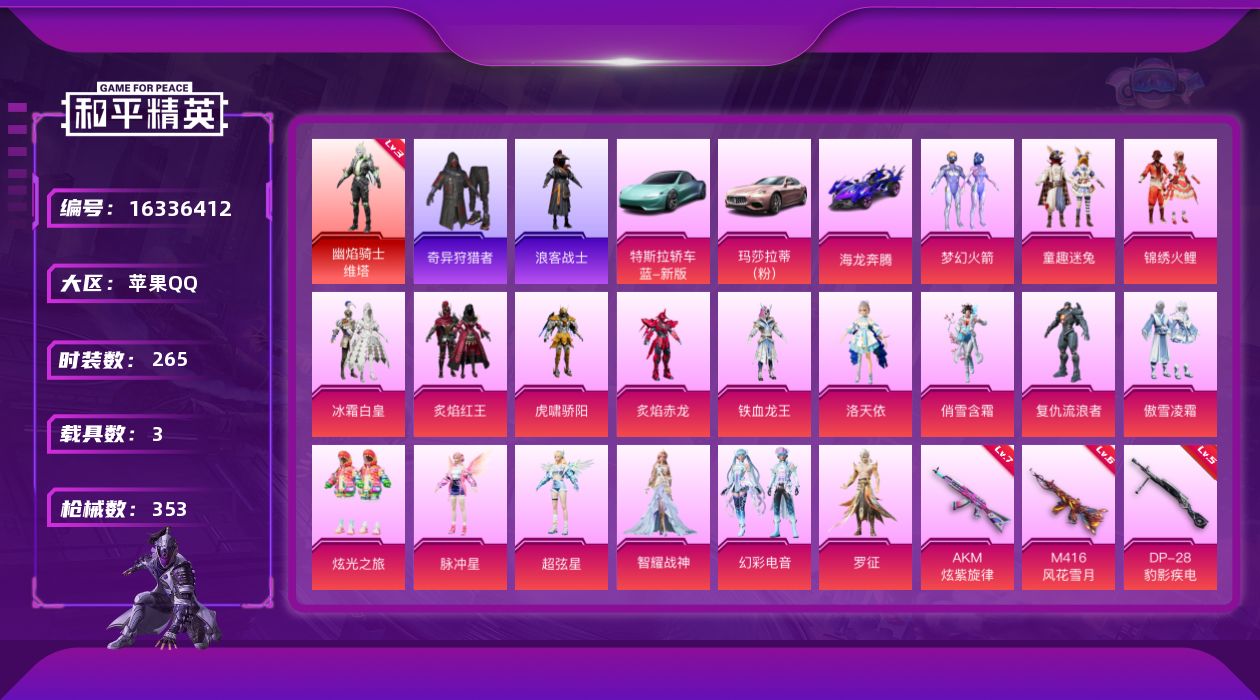 和平精英账号苹果QQ[16336412]【特价出售/店主推荐】苹果 手Q-1神装-18粉装-9特效枪-3载具-1僚机-7粉色飞行器-122961热力值-6王牌印记-265套装-353枪皮
【红色神装等级】：幽焰骑士-维塔