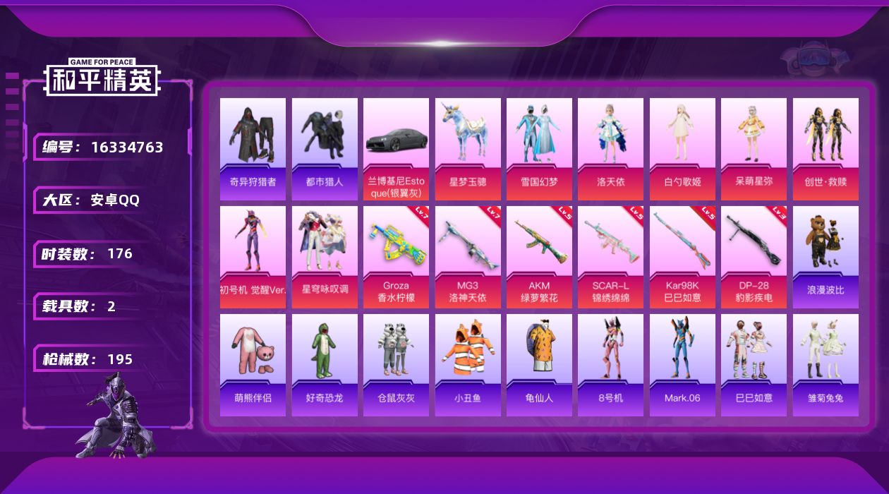 和平精英账号安卓QQ[16334763]【特价出售/店主推荐】安卓 手Q-7粉装-6特效枪-2载具-1粉色飞行器-64256热力值-11王牌印记-176套装-195枪皮
【热门品类】：粉装-雪国幻梦，套装-都市猎人，套装