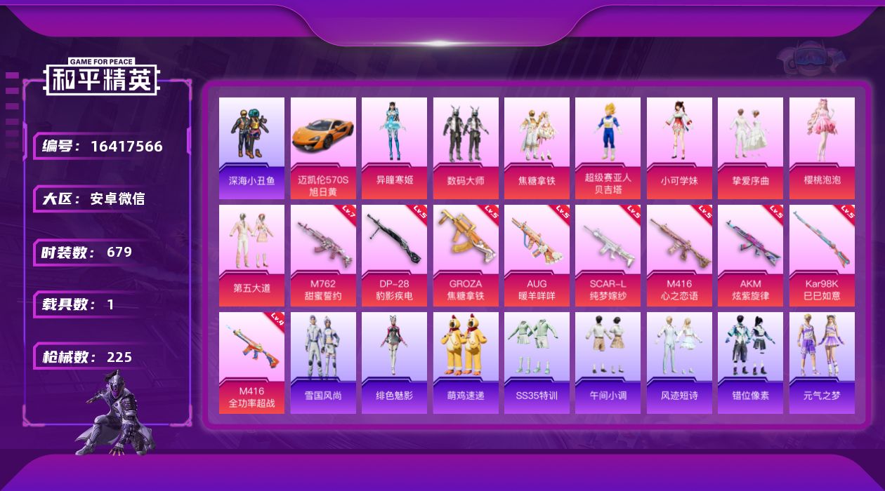 和平精英账号安卓微信[16417566]7粉装 9特效枪 1载具 12印记 可二次 可修改实名 
【热门装扮】樱桃泡泡,