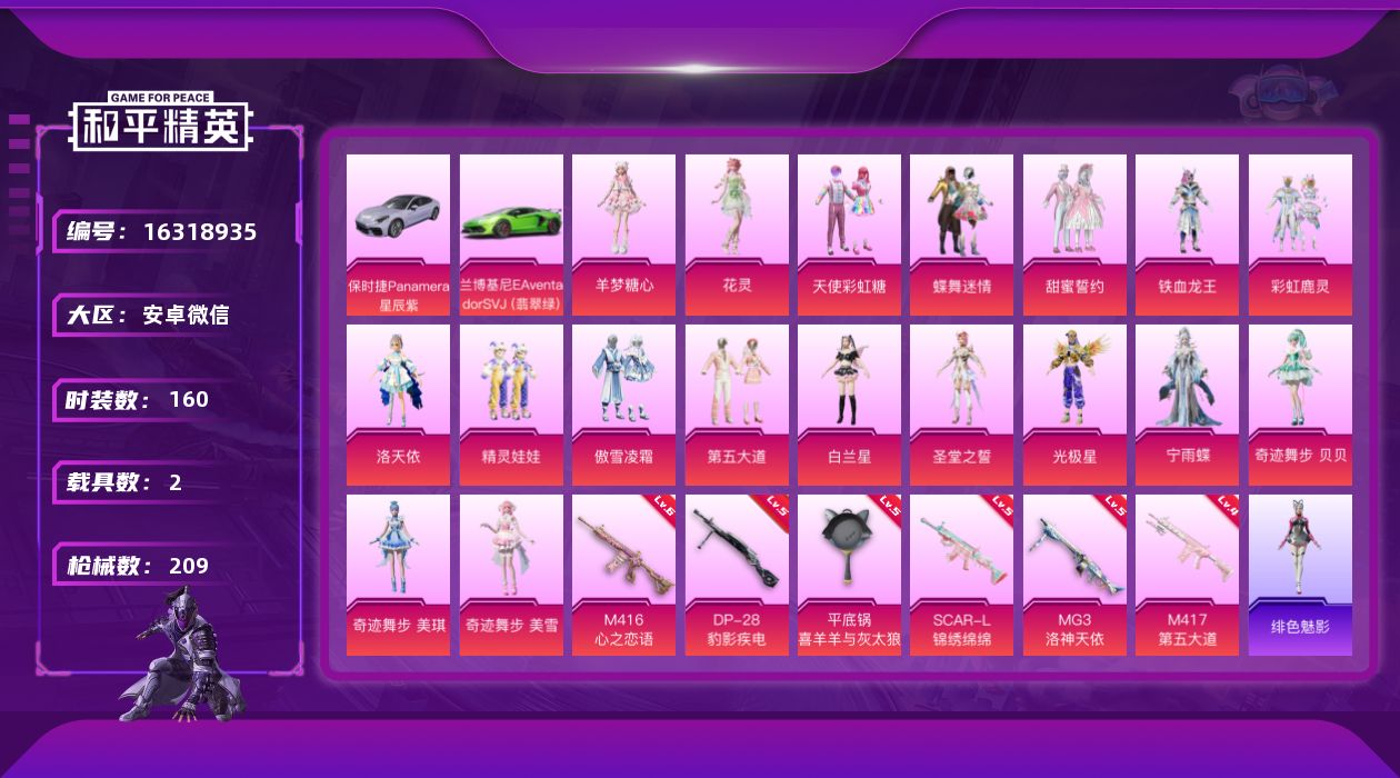 和平精英账号安卓微信[16318935]DAS8092 可二次  安卓V-2载具18粉装6特效枪18热门160套装209枪皮 76929热力值 9印记 历史超级王牌14星 天使彩虹糖 洛天依
【2载具】 保时捷Panam