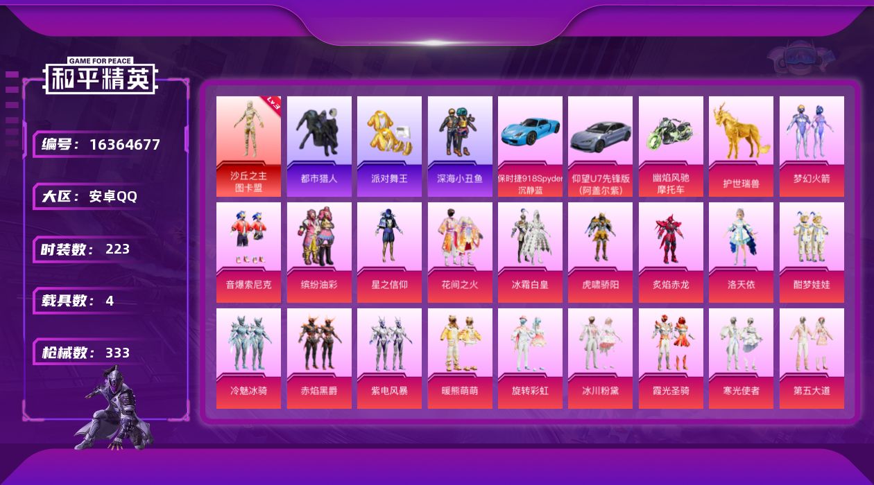 和平精英账号安卓QQ[16364677]【店主推荐捡漏号！可直接换绑】安卓 手Q-1神装-32粉装-21特效枪-4载具-19粉色飞行器-12.7w热力值-10王牌印记-223套装-333枪皮
【红色神装等级】：沙丘之主-