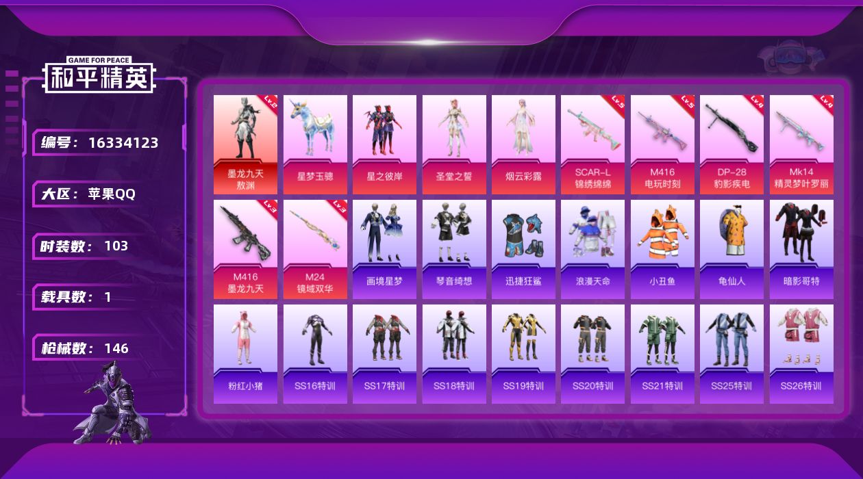 和平精英账号苹果QQ[16334123]【店主推荐捡漏号！可直接换绑】苹果 手Q-1神装-3粉装-7特效枪-1载具-4粉色飞行器-47388热力值-6王牌印记-103套装-146枪皮【红色神装等级】：墨龙九天-敖渊(二级