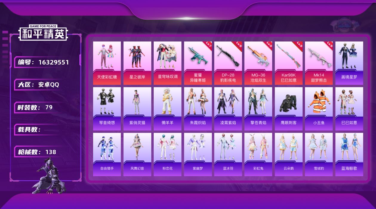 和平精英账号安卓QQ[16329551]【特价出售/店主推荐】安卓 手Q-3粉装-5特效枪--1粉色飞行器-3.3w热力值-6王牌印记-79套装-138枪皮
【热门品类】：套装-小丑鱼
【粉色套装】：粉装-天使彩虹糖，粉