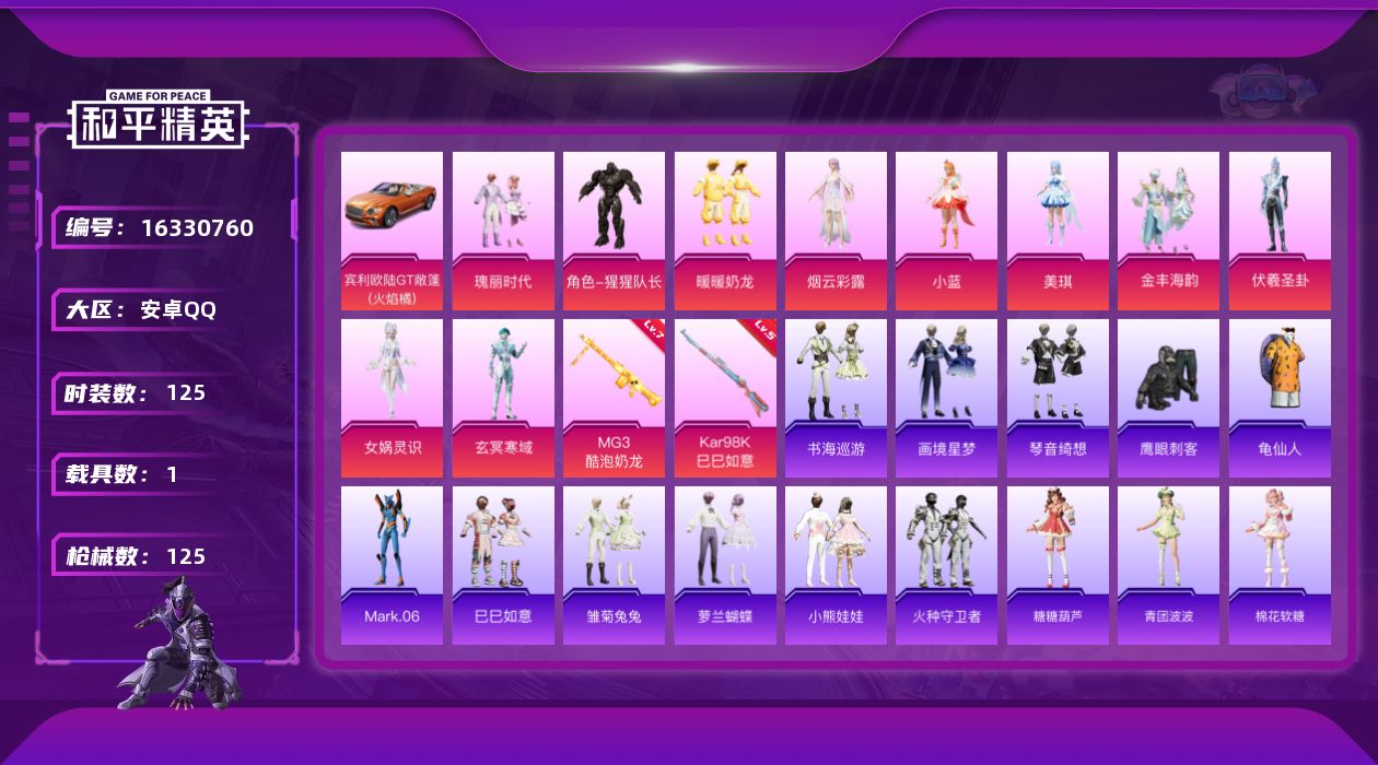 和平精英账号安卓QQ[16330760]【特价出售/店主推荐】安卓 手Q-10粉装-2特效枪-1载具-0粉色飞行器-4.5w热力值-10王牌印记-125套装-125枪皮【热门品类】：套装-龟仙人，角色-Mark.06【粉