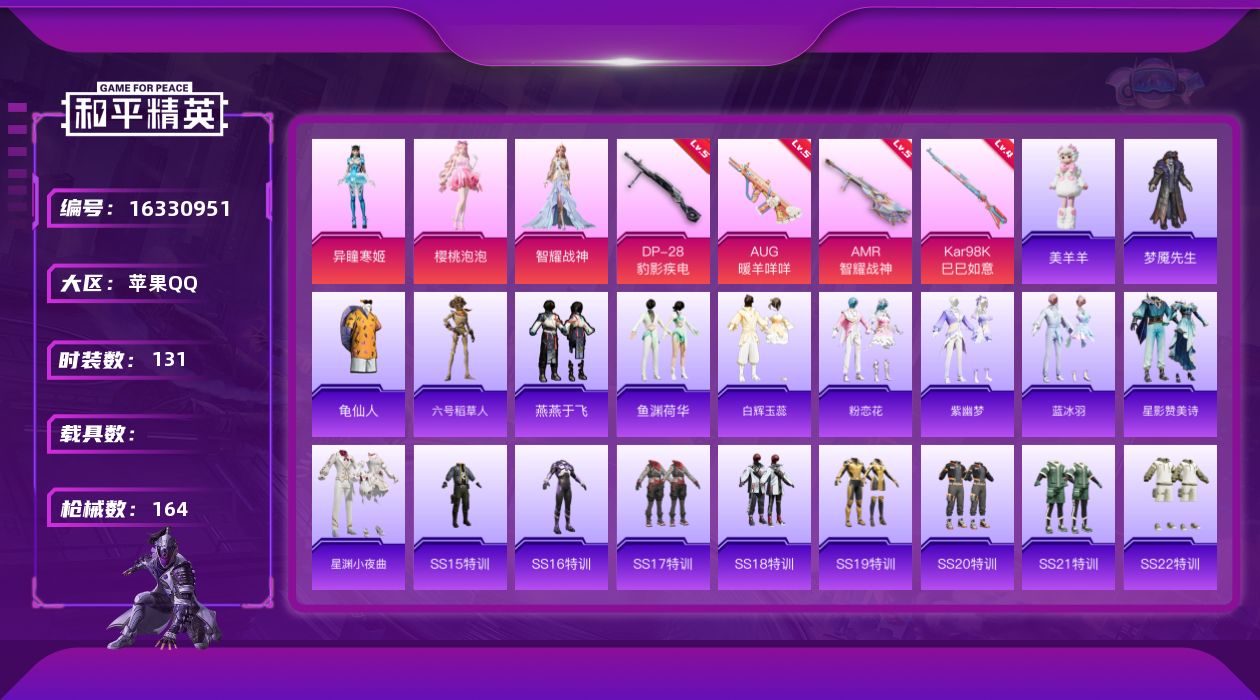 和平精英账号苹果QQ[16330951]【店主推荐捡漏号！可直接换绑】苹果 手Q-3粉装-4特效枪-0载具-3粉色飞行器-46283热力值-14王牌印记-131套装-164枪皮【热门品类】：套装-龟仙人，角色-六号稻草人