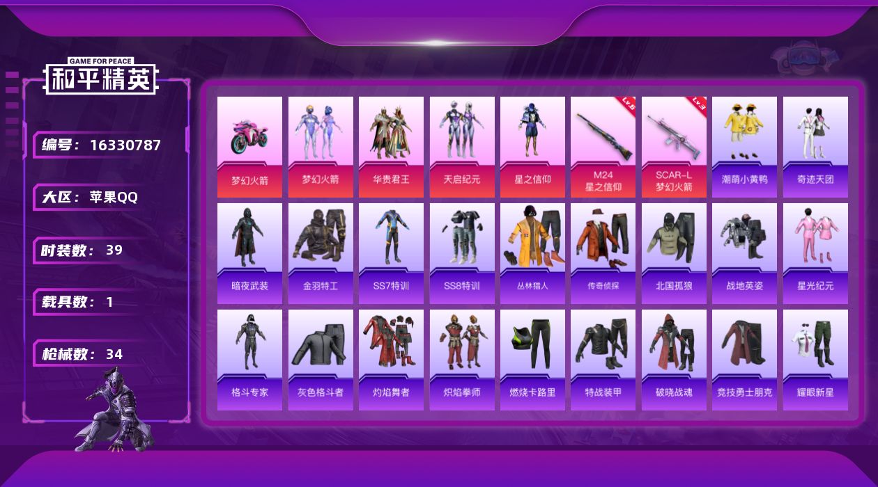 和平精英账号苹果QQ[16330787]连体王者大国服孙尚香 【特价出售/店主推荐】苹果 手Q-无敌战神框-4粉装-2特效枪-1载具-2粉色飞行器-1.8w热力值-1王牌印记-39套装-34枪皮
【热门品类】：粉装-梦幻