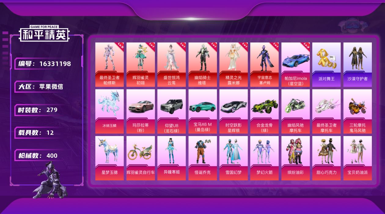 和平精英账号苹果微信[16331198]【特价出售/店主推荐】苹果 微信-无敌战神框-6神装-40粉装-27特效枪-12载具-24粉色飞行器-170836热力值-18王牌印记-279套装-400枪皮
【红色载具】：帕加尼