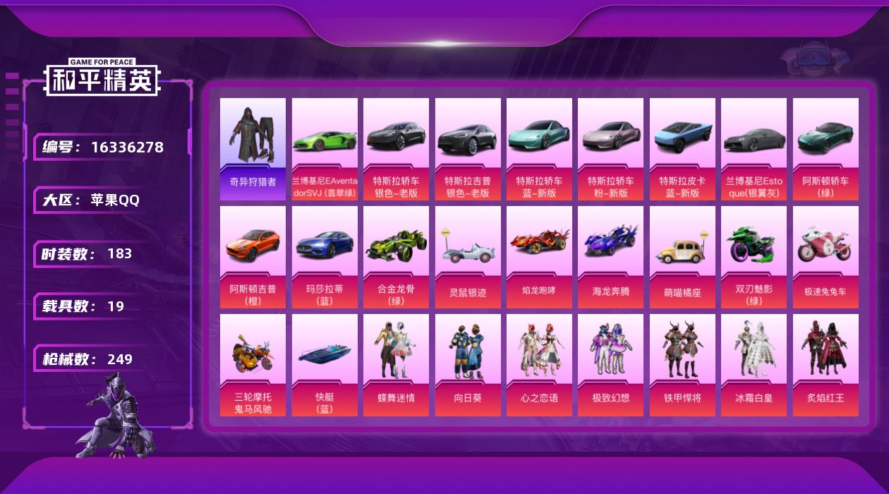 和平精英账号苹果QQ[16336278]【特价出售/店主推荐】苹果 手Q-19粉装-12特效枪-19载具-1僚机-6粉色飞行器-115763热力值-12王牌印记-183套装-249枪皮
【热门品类】：套装-奇异狩猎者，套