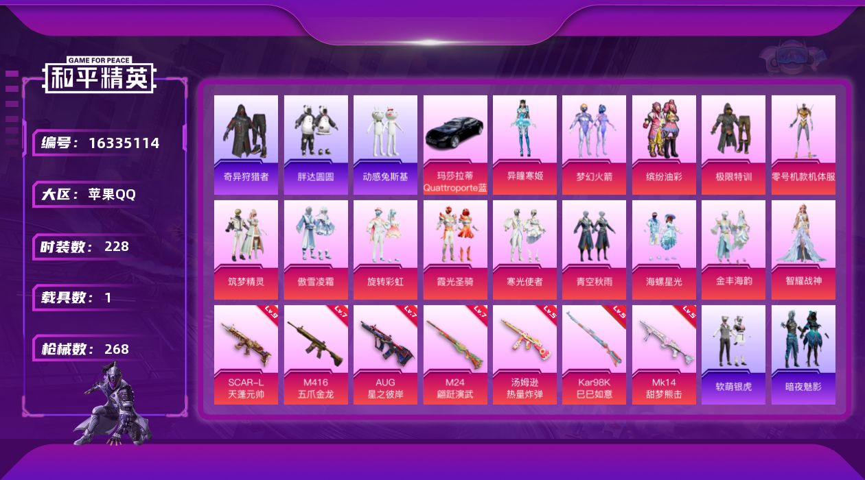 和平精英账号苹果QQ[16335114]满级sg天蓬元帅【特价出售/店主推荐】苹果 手Q-14粉装-7特效枪-1载具-2粉色飞行器-97700热力值-10王牌印记-228套装-268枪皮
【热门品类】：粉装-梦幻火箭，粉