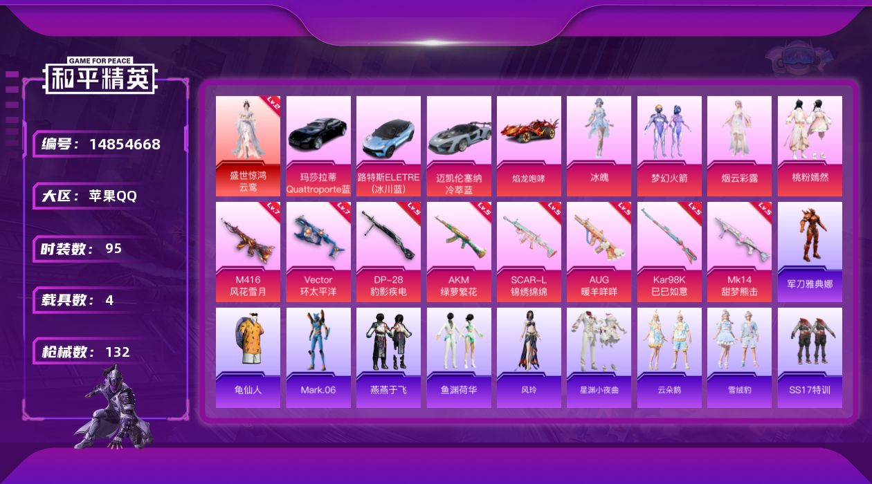 和平精英账号苹果QQ[14854668]苹果 手Q-满天赋1神装-4粉装-8特效枪-4载具-1粉色飞行器-48434热力值-13王牌印记-95套装-132枪皮
【红色神装等级】：盛世惊鸿-云鸾(二级)
【红色角色神装】：