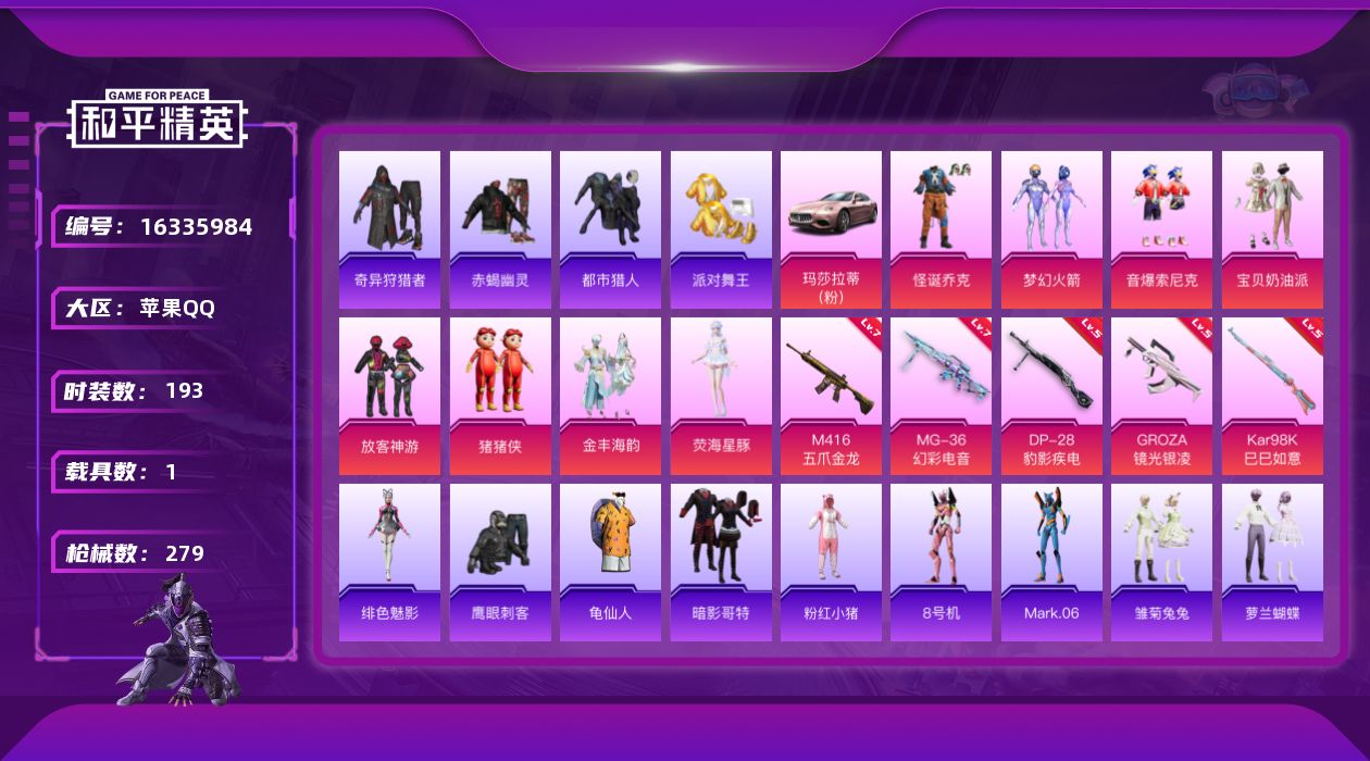 和平精英账号苹果QQ[16335984]可二次【特价出售/店主推荐】苹果 手Q-无敌战神框-8粉装-5特效枪-1载具-2粉色飞行器-85812热力值-19王牌印记-193套装-279枪皮
【热门品类】：粉装-怪诞乔克，粉