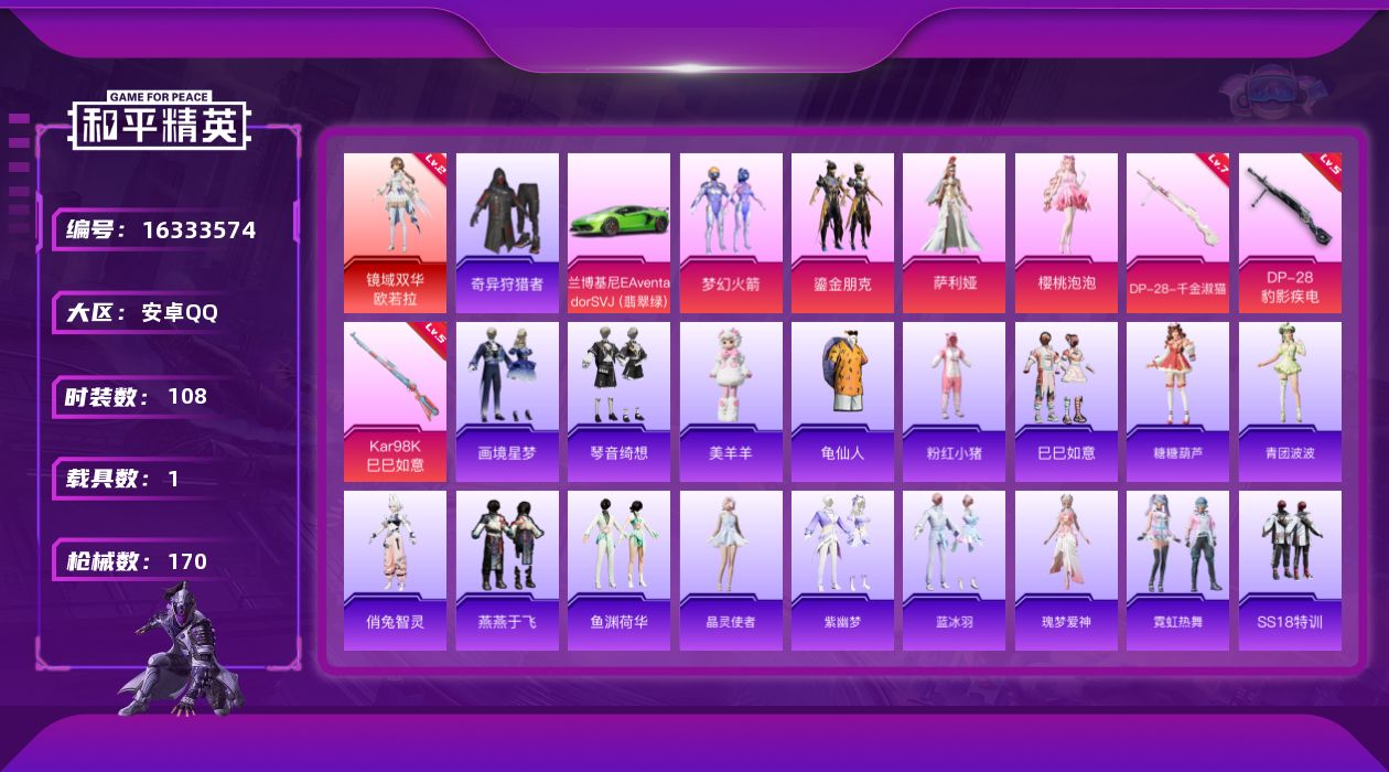 和平精英账号安卓QQ[16333574]【特价出售/店主推荐】安卓 手Q-1神装-4粉装-3特效枪-1载具-4粉色飞行器-5w热力值-7王牌印记-108套装-170枪皮
【红色神装等级】：镜域双华-欧若拉(二级)
【红色