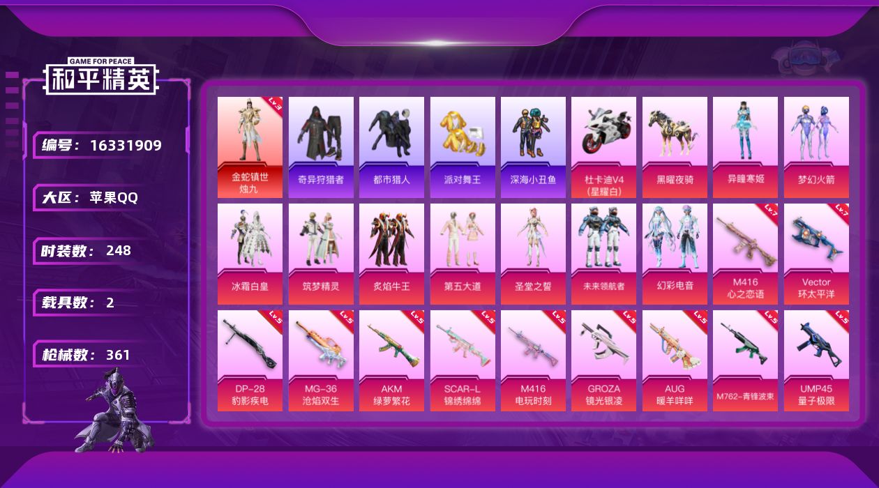 和平精英账号苹果QQ[16331909]【店主推荐捡漏号！可直接换绑】 苹果 手Q-1神装-9粉装-15特效枪-2载具-13粉色飞行器-117649热力值-20王牌印记-248套装-361枪皮【红色神装等级】：金蛇镇世-