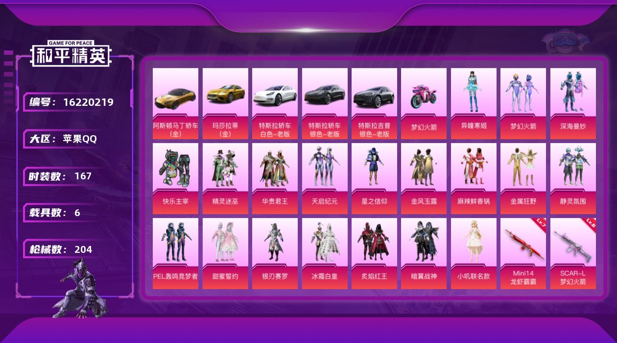 和平精英账号苹果QQ[16220219]苹果 手Q-19粉装-6特效枪-6载具-13粉色飞行器-97646热力值-5王牌印记-167套装-204枪皮 天赋8级
【热门品类】：粉装-梦幻火箭，套装-浪漫天命，角色-军刀雅典