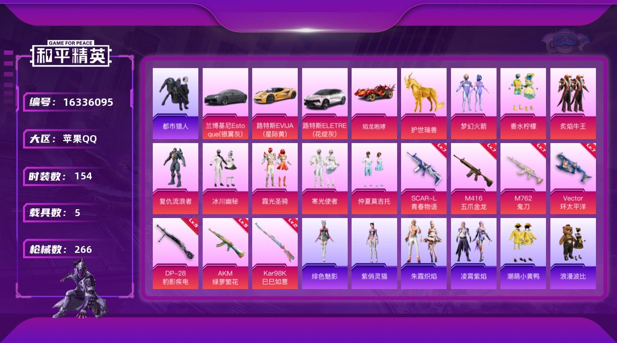 和平精英账号苹果QQ[16336095]【特价出售/店主推荐】苹果 手Q-无敌战神框-8粉装-7特效枪-5载具-3粉色飞行器-85453热力值-11王牌印记-154套装-266枪皮
【热门品类】：粉装-梦幻火箭，套装-浪