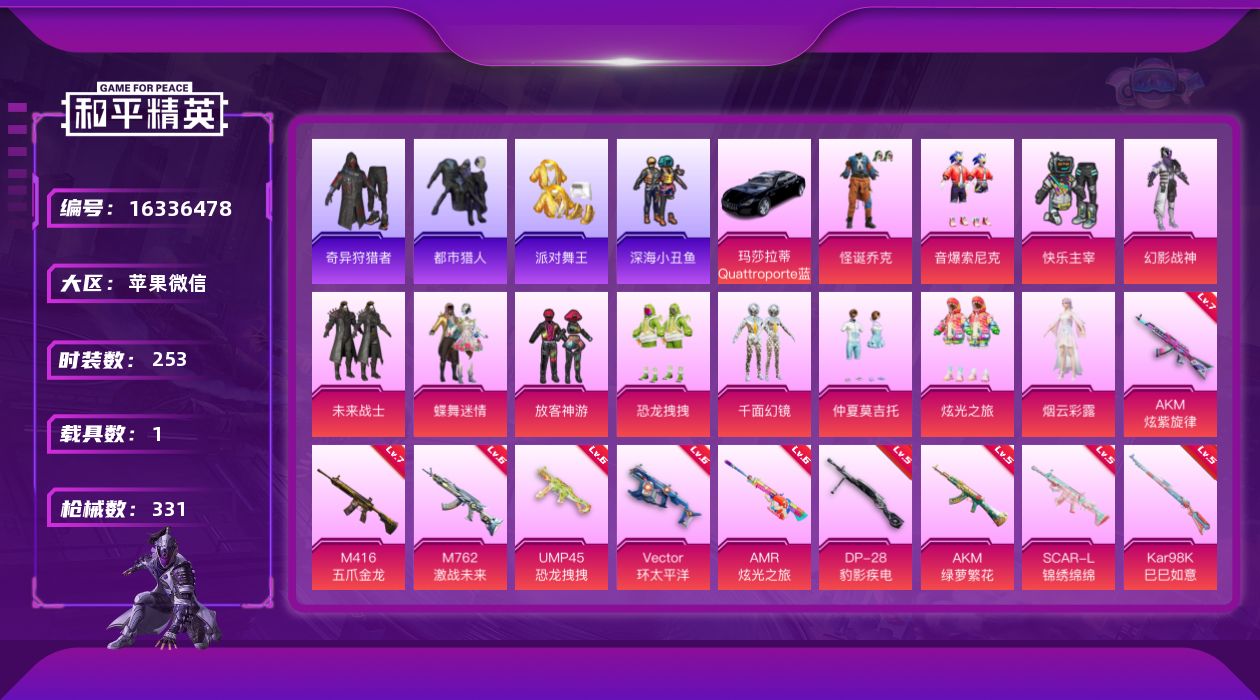 和平精英账号苹果微信[16336478]可二次【特价出售/店主推荐】苹果 微信-无敌战神框-12粉装-11特效枪-1载具-6粉色飞行器-106700热力值-20王牌印记-253套装-331枪皮
【热门品类】：粉装-怪诞乔