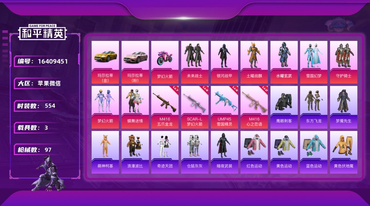 和平精英账号苹果微信[16409451]8粉装 4特效枪 3载具 3印记 可二次 可修改实名 
【热门装扮】梦幻火箭(新
