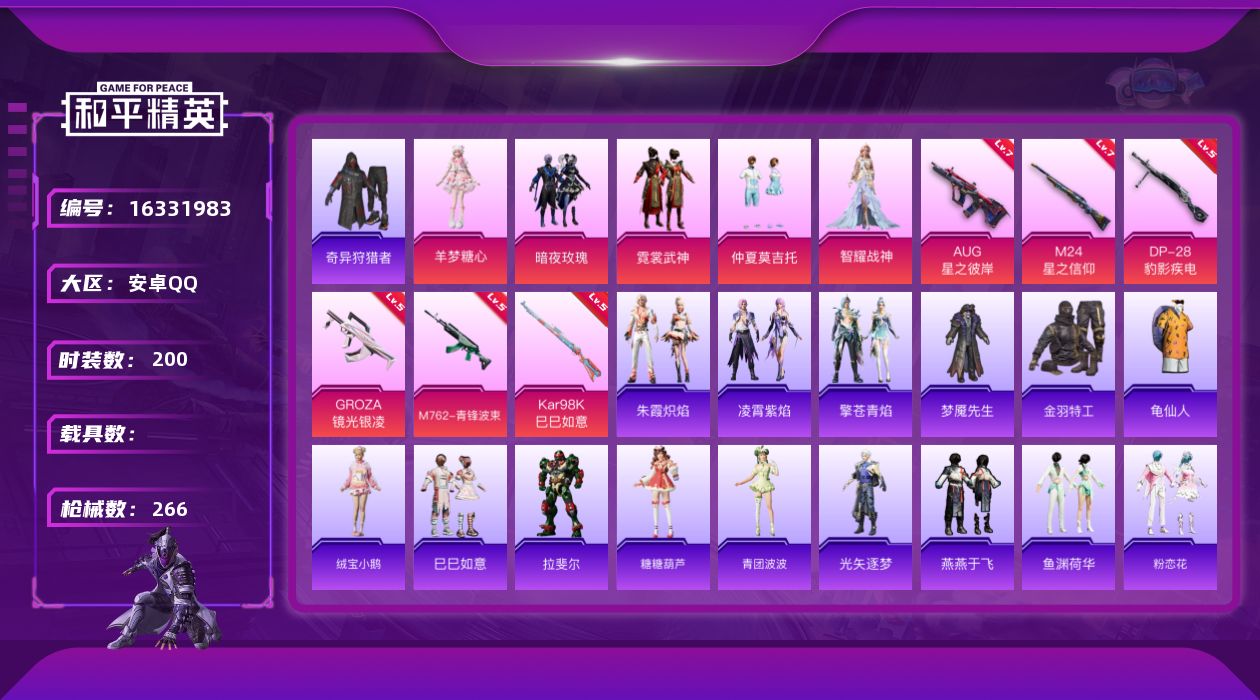 和平精英账号安卓QQ[16331983]【店主推荐捡漏号！可直接换绑】安卓 手Q-5粉装-6特效枪-0载具-2粉色飞行器-82866热力值-11王牌印记-200套装-266枪皮
【热门品类】：绝对防御上衣，套装-奇异狩猎