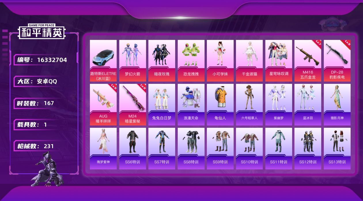 和平精英账号安卓QQ[16332704]【店主推荐捡漏号！可直接换绑】安卓 手Q-6粉装-4特效枪-1载具-1僚机-1粉色飞行器-73004热力值-10王牌印记-167套装-231枪皮【热门品类】：粉装-梦幻火箭，套装-