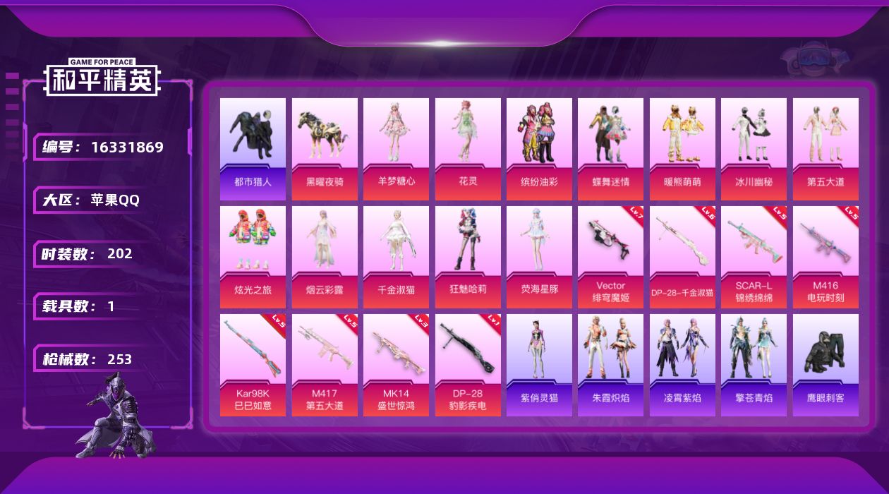 和平精英账号苹果QQ[16331869]【店主推荐捡漏号！可直接换绑】 苹果 手Q-1神装-13粉装-8特效枪-1载具-12粉色飞行器-87345热力值-16王牌印记-202套装-253枪皮【红色神装等级】：暮色玫影-艾