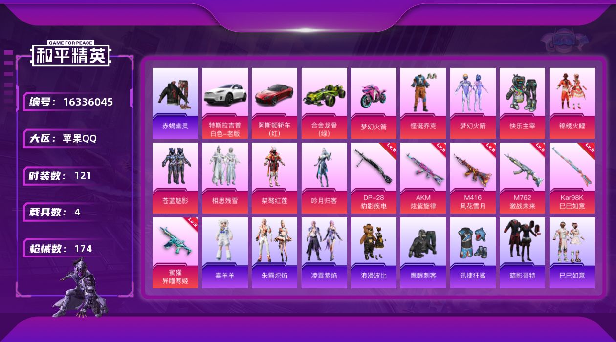 和平精英账号苹果QQ[16336045]【店主推荐捡漏号！可直接换绑】苹果 手Q-8粉装-6特效枪-4载具-4粉色飞行器-66226热力值-5王牌印记-121套装-174枪皮【热门品类】：粉装-怪诞乔克，粉装-梦幻火箭，