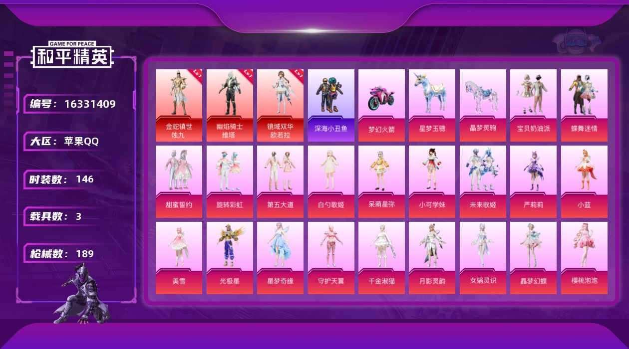 和平精英账号苹果QQ[16331409]【特价出售/店主推荐】苹果 手Q-3神装-20粉装-15特效枪-3载具-15粉色飞行器-77886热力值-4王牌印记-146套装-189枪皮
【红色神装等级】：金蛇镇世-烛九(一级