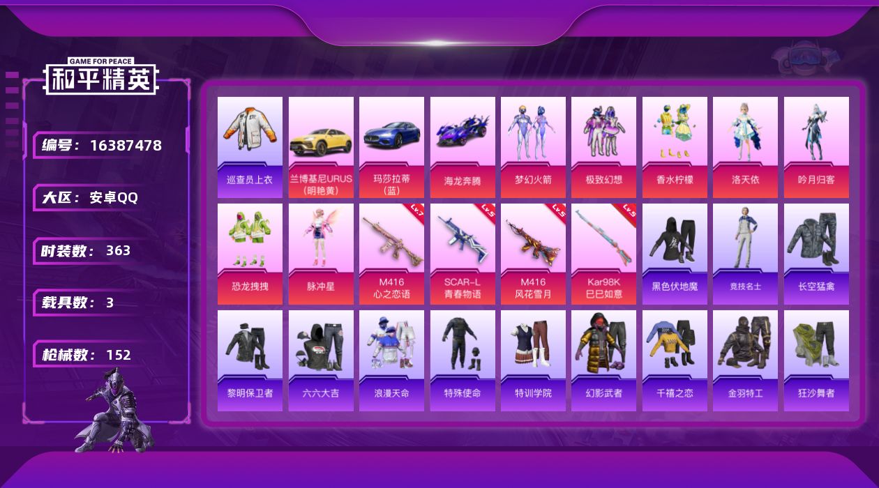 和平精英账号安卓QQ[16387478]7粉装 4特效枪 3载具 10印记 可二次 可修改实名 设备脸
【热门装扮】巡查