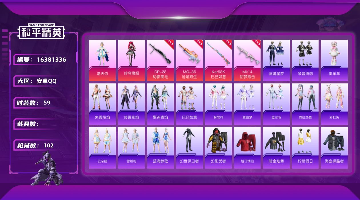 和平精英账号安卓QQ[16381336]安卓 手Q-2粉装-4特效枪-0载具-0粉色飞行器-26388热力值-1王牌印记-59套装-102枪皮
【粉色套装】：角色-洛天依，角色-绯穹魔姬
【粉色枪皮等级】：Kar98K-
