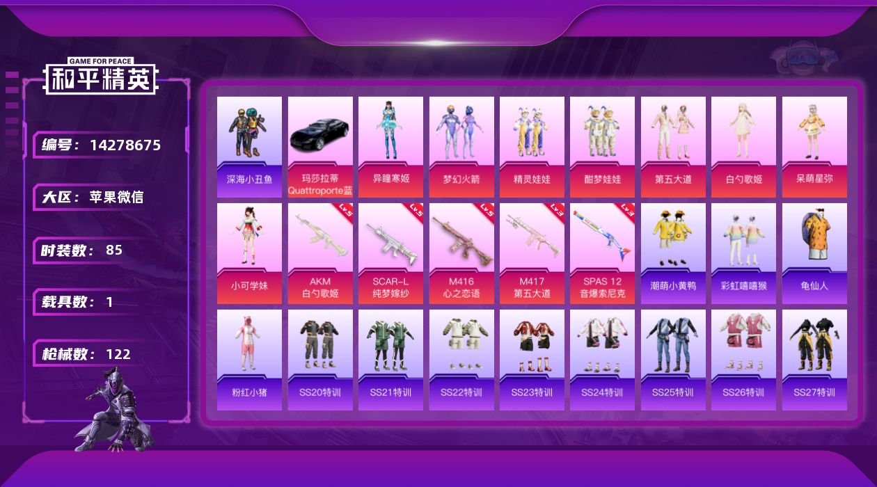 和平精英账号苹果微信[14278675]苹果 微信-8粉装-5特效枪-1载具-1粉色飞行器-41364热力值-4王牌印记-85套装-122枪皮
【热门品类】：粉装-梦幻火箭，套装-深海小丑鱼，套装-龟仙人，套装-潮萌小黄