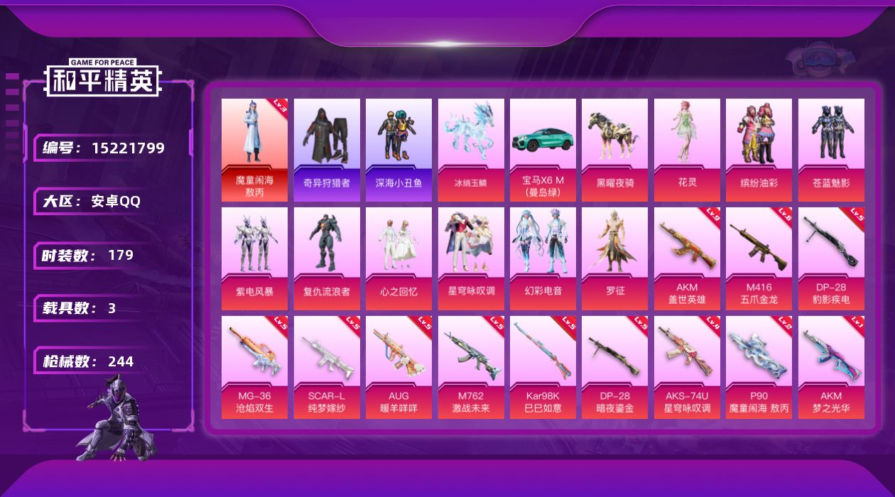和平精英账号安卓QQ[15221799]"DAS7802 包人脸 安卓Q-1135红装碎片 1红装3稀有3载具9粉装13特效枪23热门179套装244枪皮 85287热力值 16印记 历史卓越王牌17星  魔童闹海-敖丙