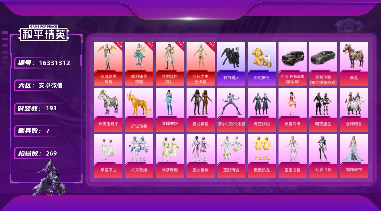 和平精英账号安卓微信[16331312]9级m4超新星【特价出售/店主推荐】安卓 微信-4神装-17粉装-19特效枪-7载具-14粉色飞行器-115104热力值-13王牌印记-193套装-269枪皮
【红色神装等级】：辉